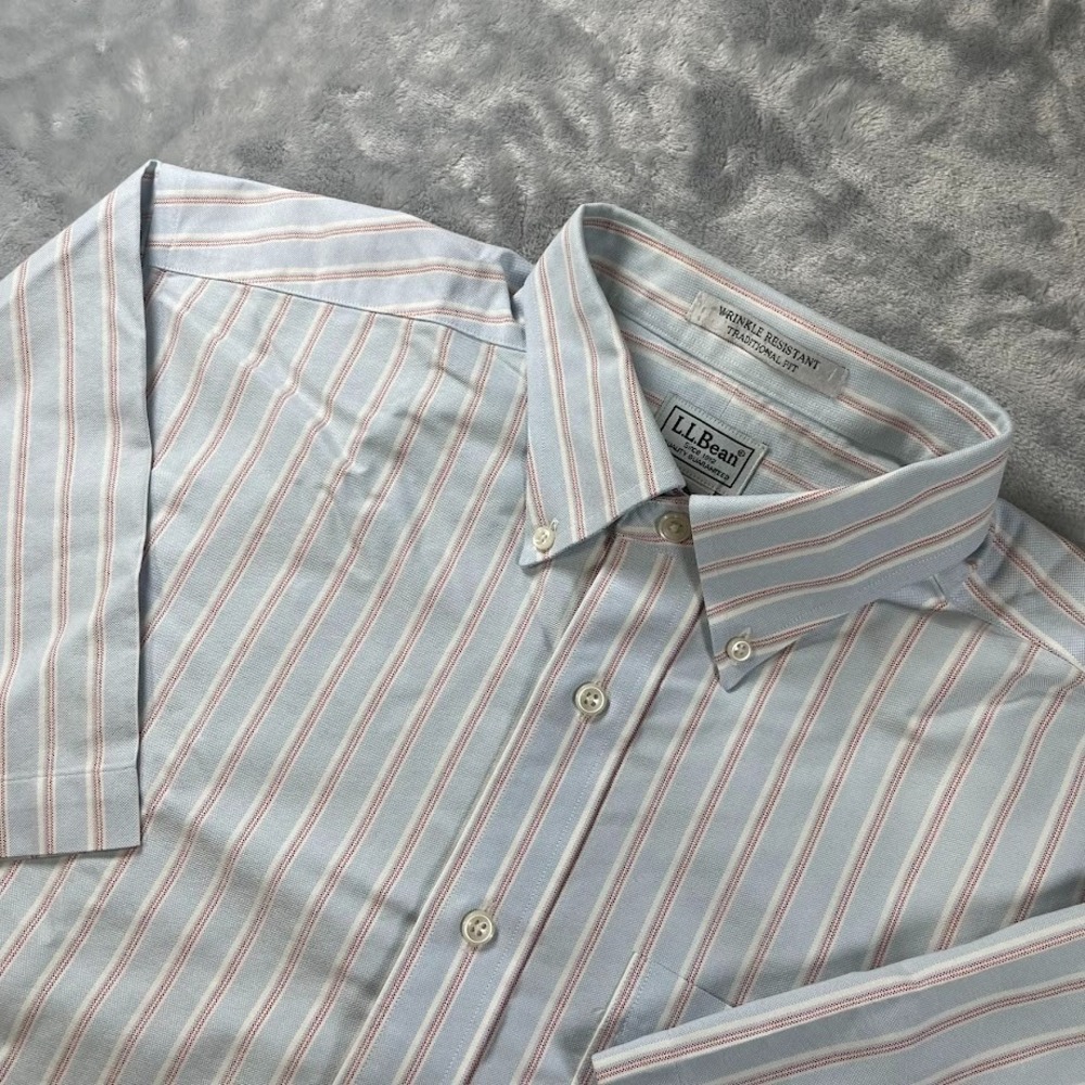 LL Bean Men's Blue Striped Size 16.5 Short Sleeve Dress Shirt Button Down